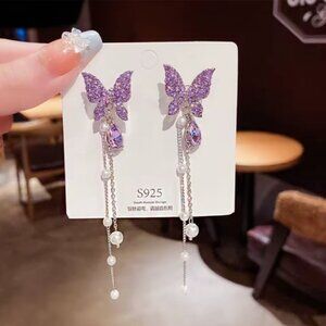 Cute Korean Style Faux Pearl Purple Butterfly Tassel Long Drop Earrings 2.5"